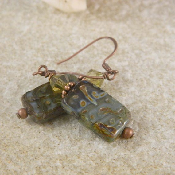 Olive Green and Milky Blue Czech Glass Copper Earrings